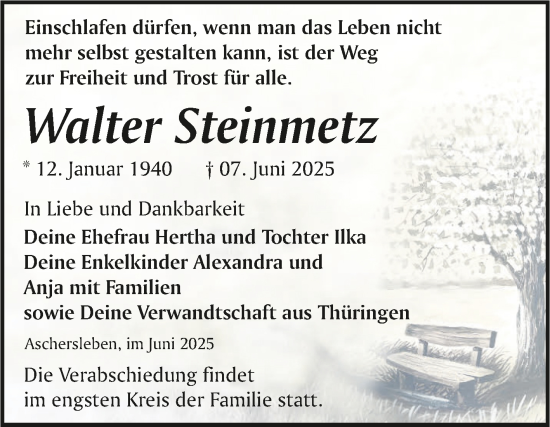 Traueranzeige von Walter Steinmetz von Trauerkombi Aschersleben