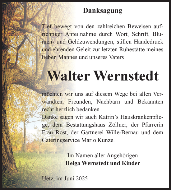 Traueranzeige von Walter Wernstedt von Volksstimme Altmark Ost