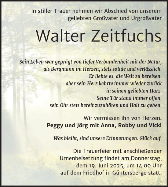 Traueranzeige von Walter Zeitfuchs von Trauerkombi Quedlinburg