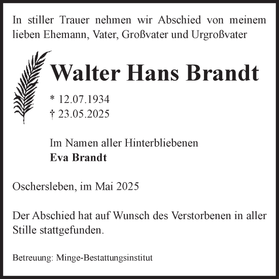 Traueranzeige von Walter Hans Brandt von Volksstimme Oschersleben/Wanzleben