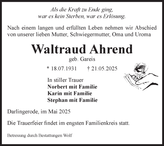 Traueranzeige von Waltraud Ahrend von Volksstimme Wernigerode