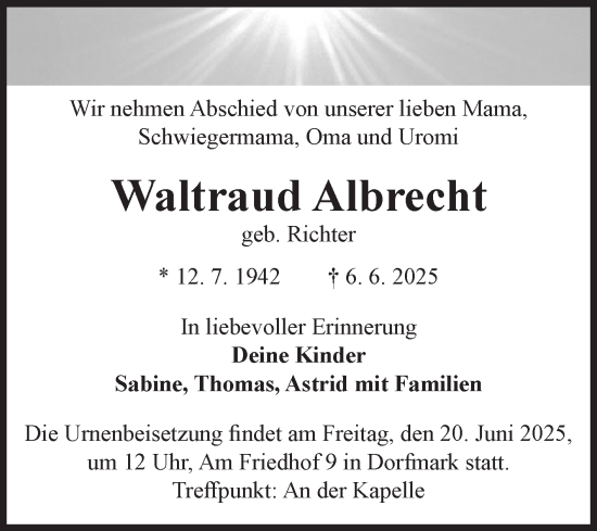 Traueranzeige von Waltraud Albrecht von Volksstimme Wernigerode