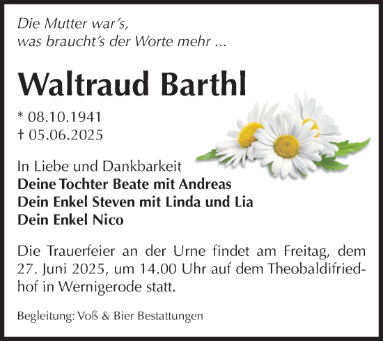 Traueranzeige von Waltraud Barthl von Volksstimme Wernigerode