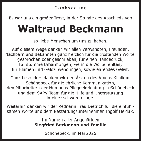 Traueranzeige von Waltraud Beckmann von Volksstimme Schönebeck
