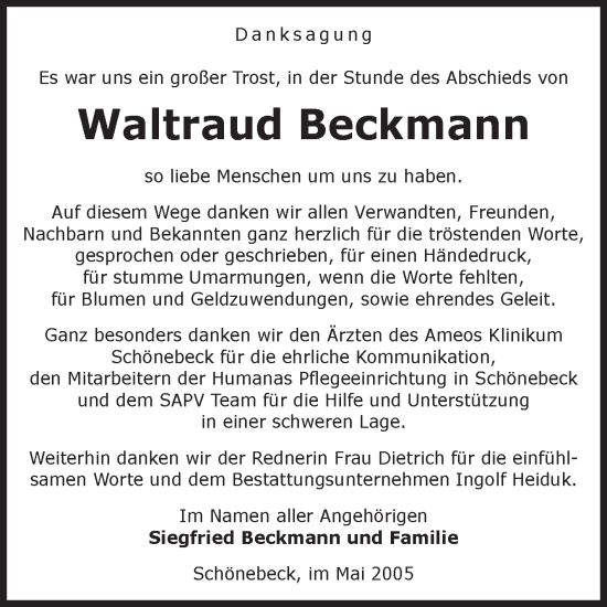 Traueranzeige von Waltraud Beckmann von Volksstimme Schönebeck