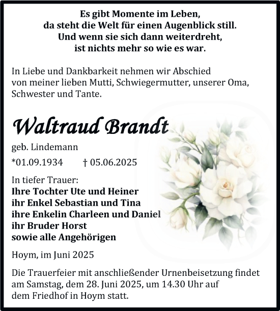 Traueranzeige von Waltraud Brandt von Trauerkombi Aschersleben