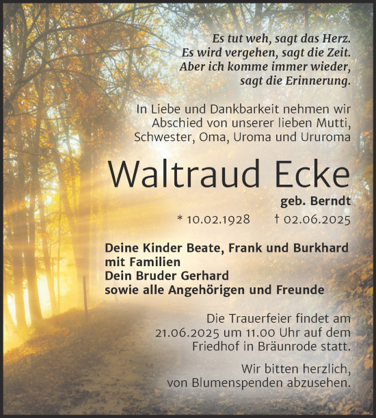Traueranzeige von Waltraud Ecke von Trauerkombi Mansfelder Land