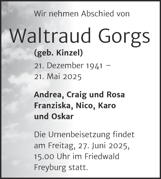 Traueranzeige von Waltraud Gorgs von Mitteldeutsche Zeitung Halle/Saalkreis