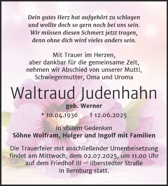 Traueranzeige von Waltraud Judenhahn von Trauerkombi Bernburg