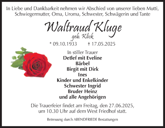 Traueranzeige von Waltraud Kluge von Volksstimme Magdeburg