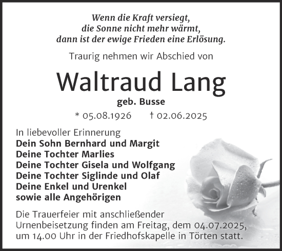 Traueranzeige von Waltraud Lang von Trauerkombi Dessau