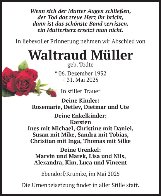 Traueranzeige von Waltraud Müller von Volksstimme Altmark Ost