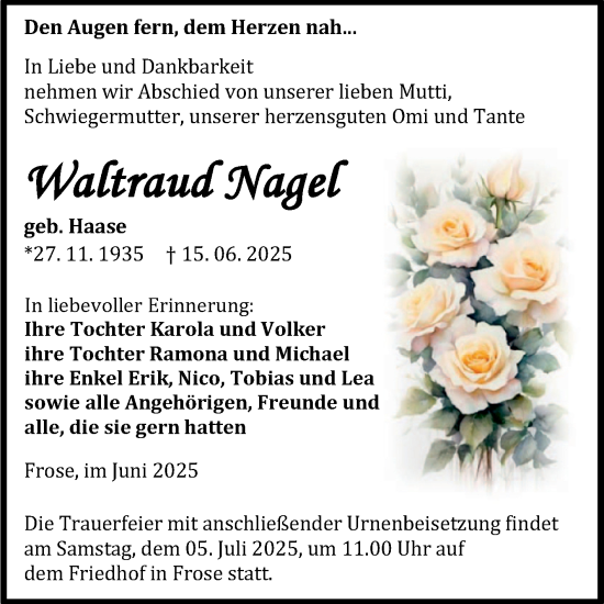 Traueranzeige von Waltraud Nagel von Trauerkombi Aschersleben