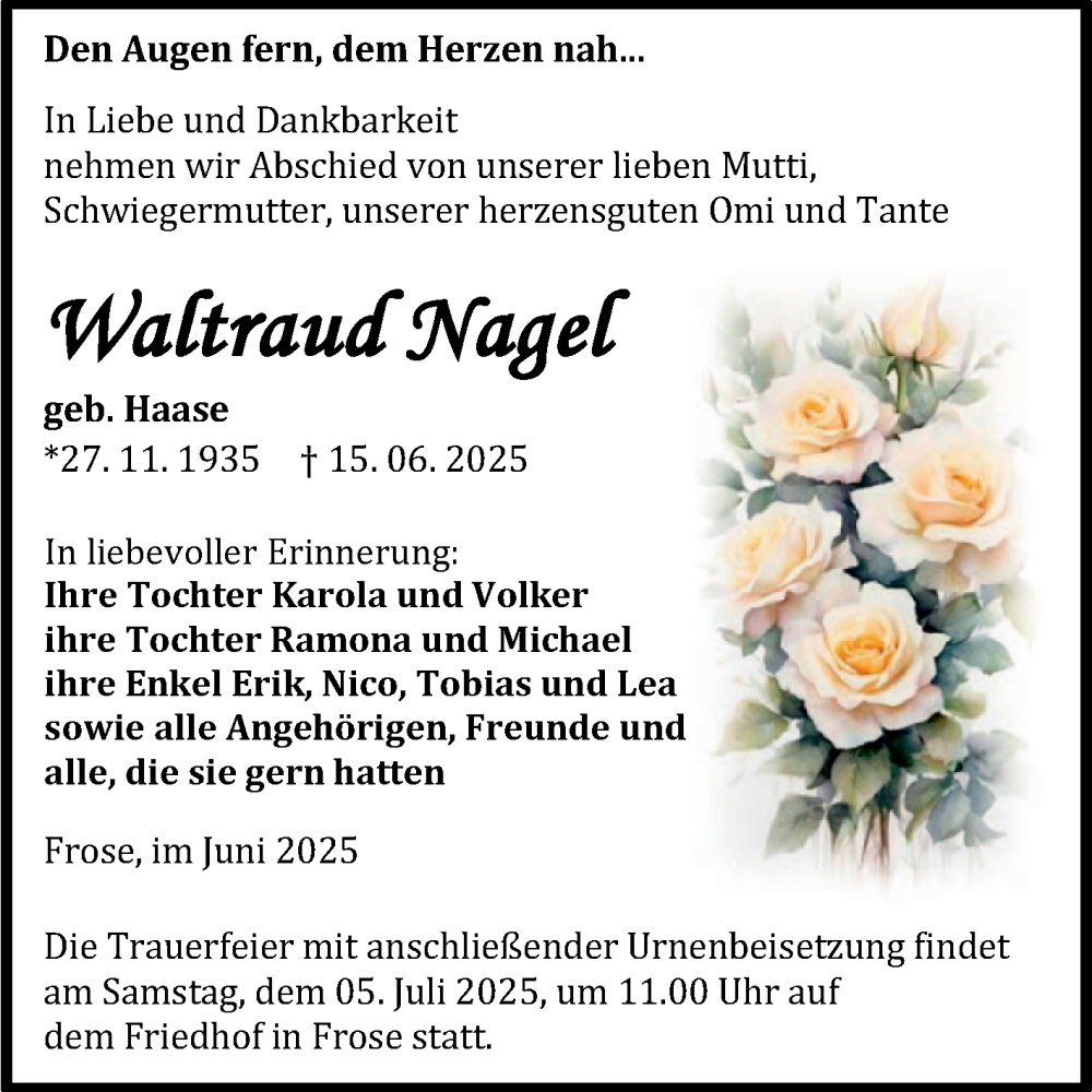  Traueranzeige für Waltraud Nagel vom 21.06.2025 aus Trauerkombi Aschersleben