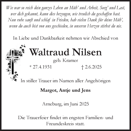 Traueranzeige von Waltraud Nilsen von Volksstimme Altmark Ost