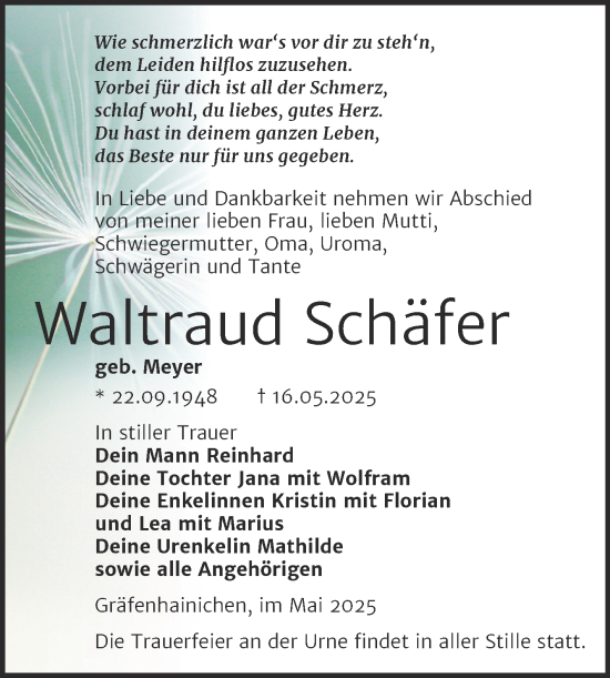 Traueranzeige von Waltraud Schäfer von Trauerkombi Wittenberg
