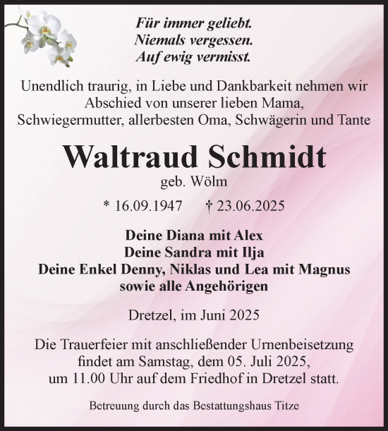 Traueranzeige von Waltraud Schmidt von Volksstimme Burg/Genthin