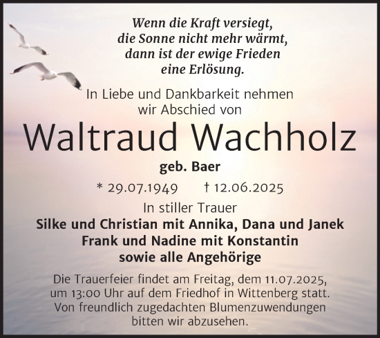 Traueranzeige von Waltraud Wachholz von Trauerkombi Wittenberg
