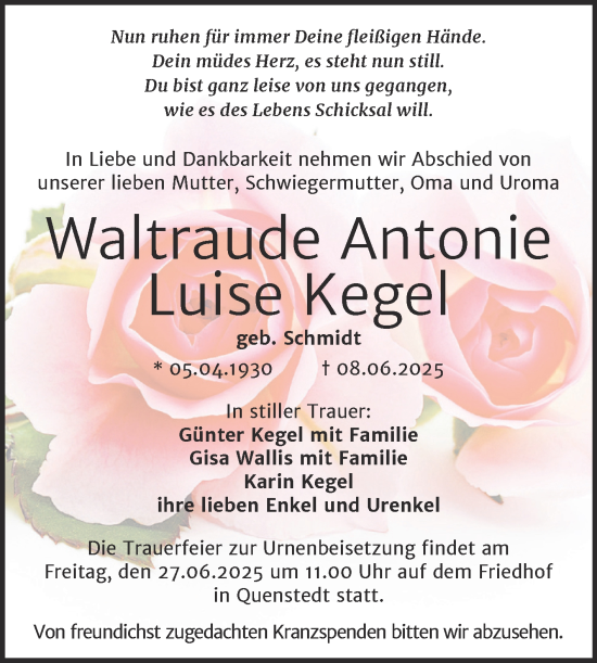 Traueranzeige von Waltraude Antonie Luise Kegel von Trauerkombi Mansfelder Land