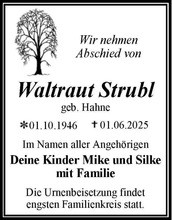 Traueranzeige von Waltraut Strubl von Trauerkombi Wittenberg