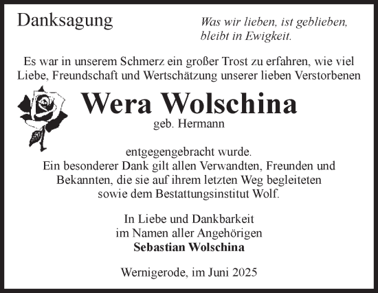 Traueranzeige von Wera Wolschina von Volksstimme Wernigerode