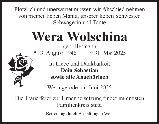 Traueranzeige von Wera Wolschina von Volksstimme Wernigerode