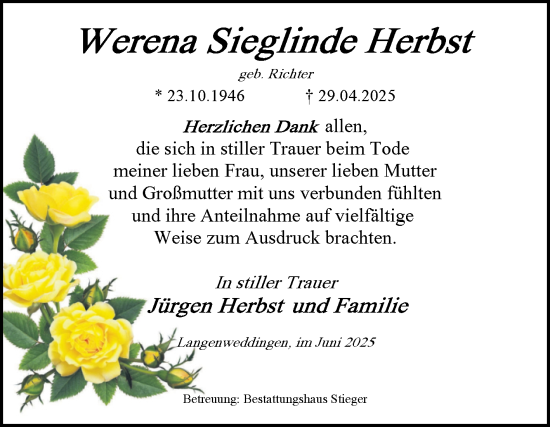 Traueranzeige von Werena Sieglinde Herbst von Volksstimme Oschersleben/Wanzleben