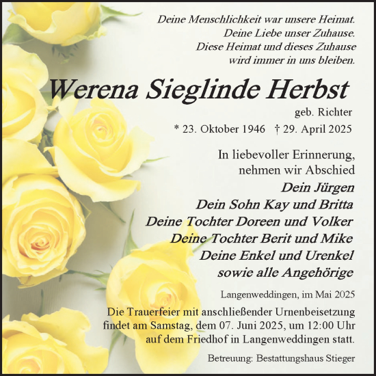Traueranzeige von Werena Sieglinde Herbst von Volksstimme Oschersleben/Wanzleben