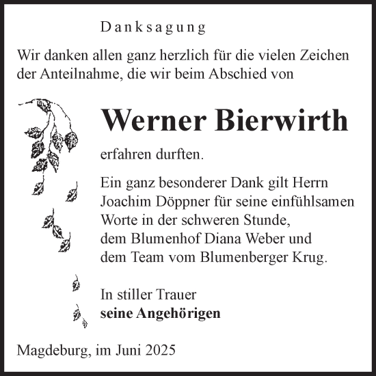 Traueranzeige von Werner Bierwirth von Volksstimme Magdeburg