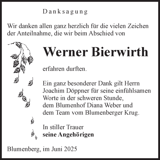 Traueranzeige von Werner Bierwirth von Volksstimme Oschersleben/Wanzleben
