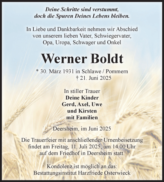 Traueranzeige von Werner Boldt von Volksstimme Halberstadt