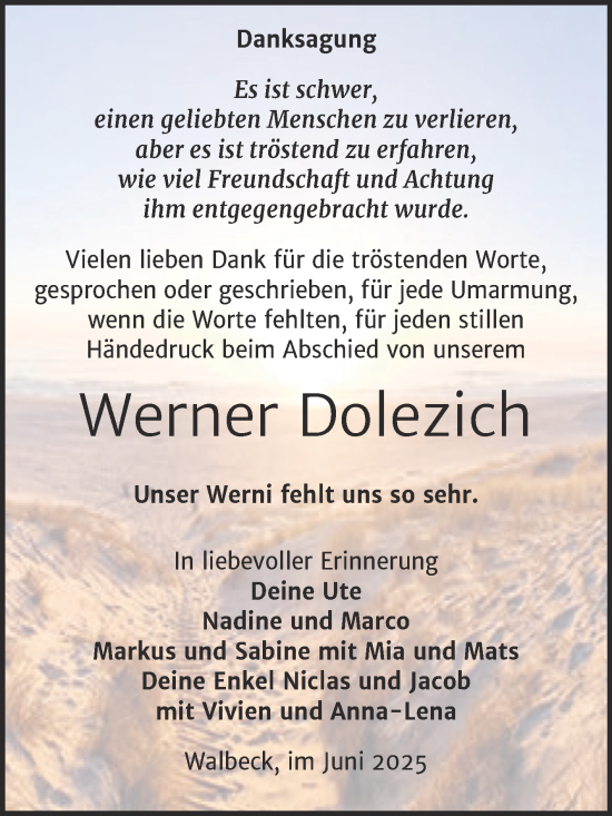 Traueranzeige von Werner Dolezich von Trauerkombi Mansfelder Land