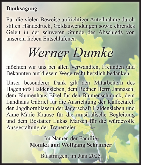 Traueranzeige von Werner Dumke von Volksstimme Haldensleben/Wolmirstedt