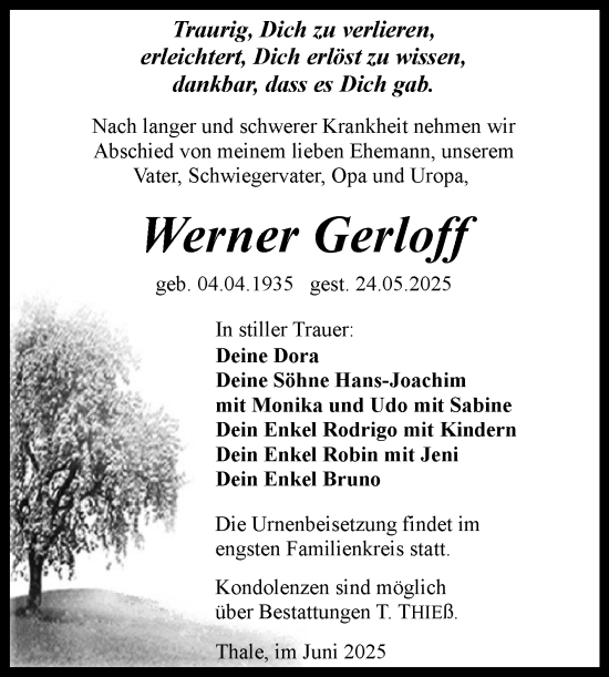 Traueranzeige von Werner Gerloff von Trauerkombi Quedlinburg
