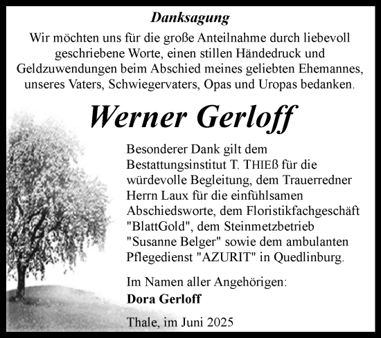 Traueranzeige von Werner Gerloff von Trauerkombi Quedlinburg