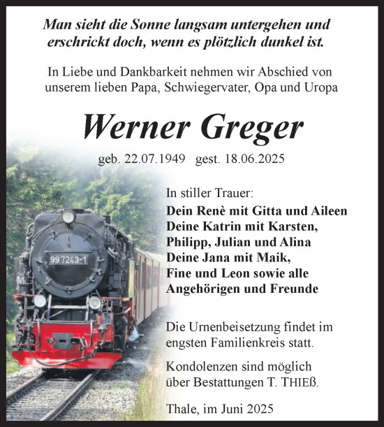 Traueranzeige von Werner Greger von Trauerkombi Quedlinburg
