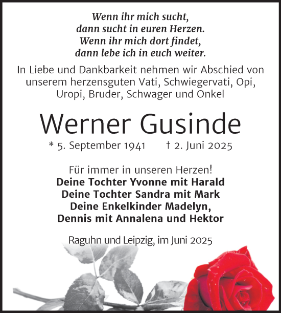 Traueranzeige von Werner Gusinde von Trauerkombi Bitterfeld