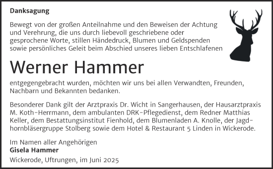 Traueranzeige von Werner Hammer von Trauerkombi Sangerhausen