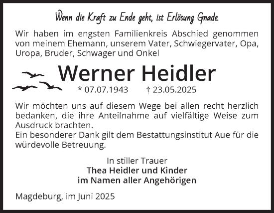Traueranzeige von Werner Heidler von Volksstimme Magdeburg