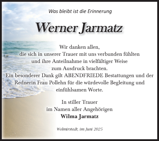 Traueranzeige von Werner Jarmatz von Volksstimme Haldensleben/Wolmirstedt