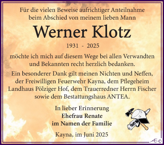 Traueranzeige von Werner Klotz von Trauerkombi Zeitz