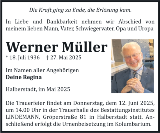 Traueranzeige von Werner Müller von Volksstimme Halberstadt