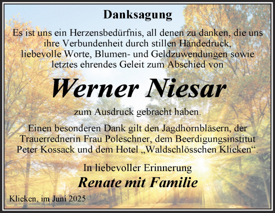 Traueranzeige von Werner Niesar von Trauerkombi Wittenberg