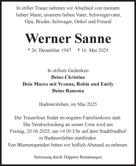 Traueranzeige von Werner Sanne von Volksstimme Oschersleben/Wanzleben