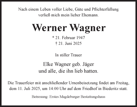 Traueranzeige von Werner Wagner von Volksstimme Burg/Genthin