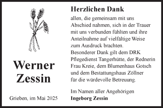 Traueranzeige von Werner Zessin von Volksstimme Altmark Ost