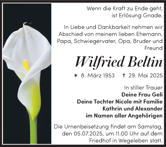 Traueranzeige von Wilfried Beltin von Volksstimme Halberstadt