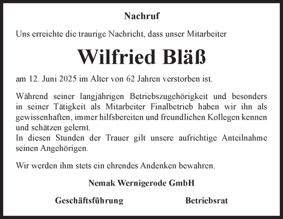 Traueranzeige von Wilfried Bläß von Volksstimme Wernigerode