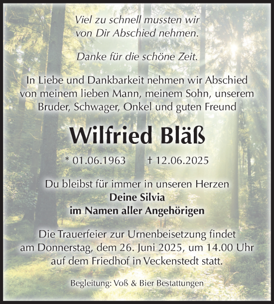 Traueranzeige von Wilfried Bläß von Volksstimme Wernigerode