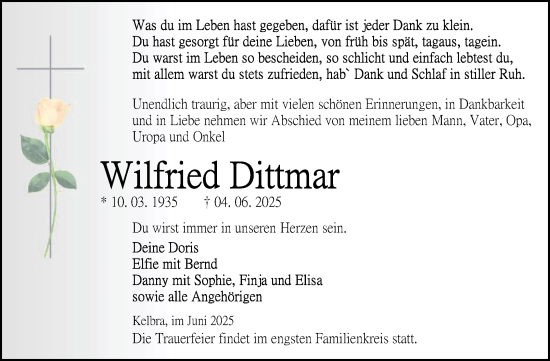 Traueranzeige von Wilfried Dittmar von Trauerkombi Sangerhausen